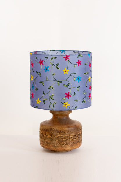 Kanpur Carved Wooden Table Lamp Base with Drum Lamp Shade  (30cm wide x 30cm High) P46 ~ Embroidered Evening Blue