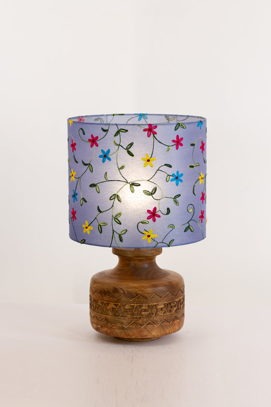 Kanpur Carved Wooden Table Lamp Base with Drum Lamp Shade  (30cm wide x 30cm High) P46 ~ Embroidered Evening Blue