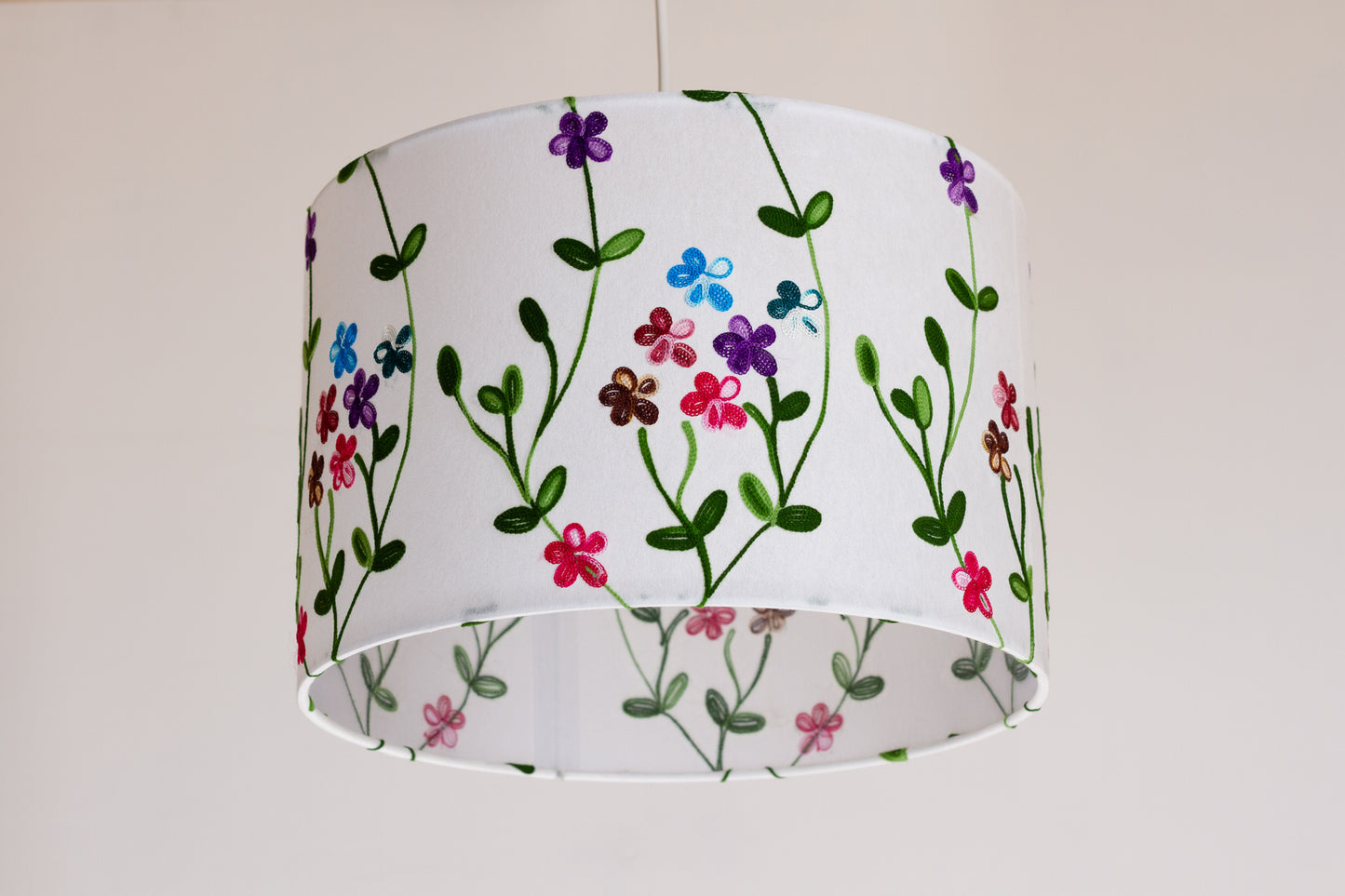 Drum Lamp Shade - P43 - Embroidered Flowers on White, 30cm(d) x 20cm(h)